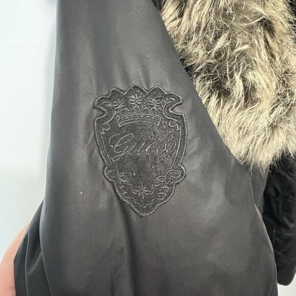 GUESS Puffer Black Quilted Jacket Size S Women's Full Zip Hooded Down Faux Fur - Picture 10 of 14
